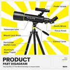 Telescope, 70mm Aperture 400mm AZ Mount Astronomical Refracting Telescopes (20x-200x) for Kids & Adults, Portable Travel with Tripod Phone Adapter, Remote Control, Easy to Use, Black
