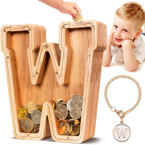 SummiDate Wooden Letter Piggy Bank| Piggy Bank for Boys Girls Toddler| Alphabet W Money Bank| Coin Bank Birthday Gift for Kids|Birthday Gift for Kids (W)