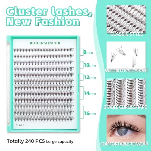 Bodermincer Cluster Lashes 240pcs Large Tray D Curl Individual Eyelashes False Eyelashes Extension DIY at Home (10D-20D Mixed)