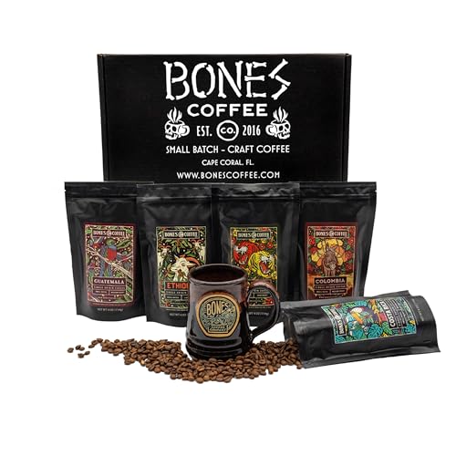 Bones Coffee Company New World Tour Gift Set Samples Pack with Coffee Mug Medium Roast Whole Bean Low Acid Flavored Coffee Beans (4 oz, Pack of 5)