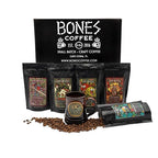 Bones Coffee Company New World Tour Gift Set Samples Pack with Coffee Mug Medium Roast Whole Bean Low Acid Flavored Coffee Beans (4 oz, Pack of 5)