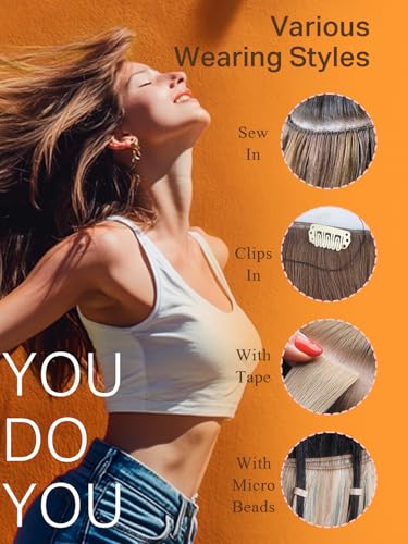 DOORES Genius Weft Hair Extensions Remy Human Hair, 20 Inch Drity Blonde Highlight Golden Blonde 60g, Hand Tied Extensions Human Hair