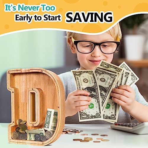 SummiDate Wooden Letter Piggy Bank| Piggy Bank for Boys Girls Toddler| Alphabet D Money Bank| Coin Bank Birthday Gift for Kids|Birthday Gift for Kids (D)