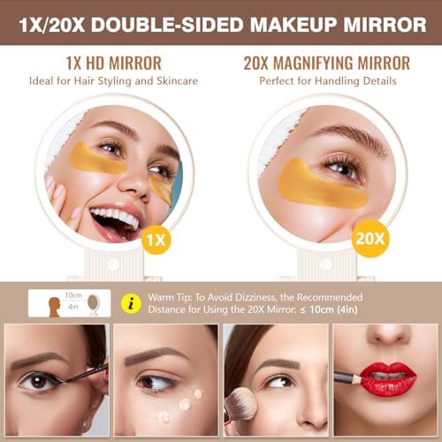 1X/20X Magnifying Mirror with Light, Double Sided Makeup Mirror with Adjustable Folding Handle, 2000mAh Rechargeable Vanity Mirror with Tweezer, Portable Tabletop Mirror for Travel Home
