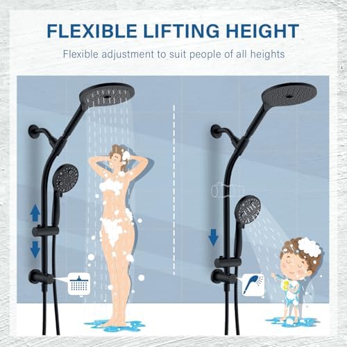 7.5" Rotatable Dual Shower Head with Handheld Combo, Kids Friendly Low 3-Way Diverter, Adjustable Slide Bar for Whole Family Use, Enjoy High Pressure Rainfall Spa Shower, Matt Black