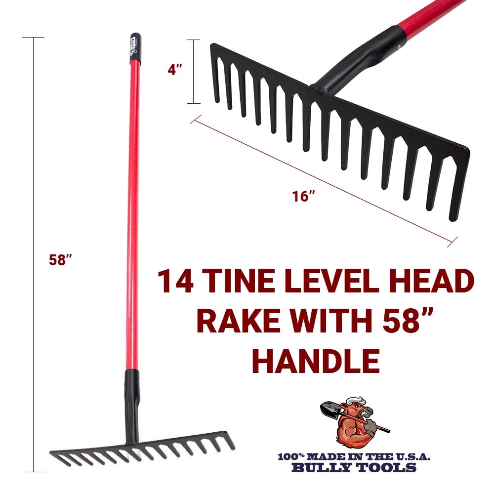 Bully Tools 14-Tine Level Head Rake | 60" Fiberglass Long Handle 16" Wide Head Garden Rake Heavy Duty Metal Tool for Soil Leveling, Spreading Mulch Gravel and Thatch | 100% Made in USA