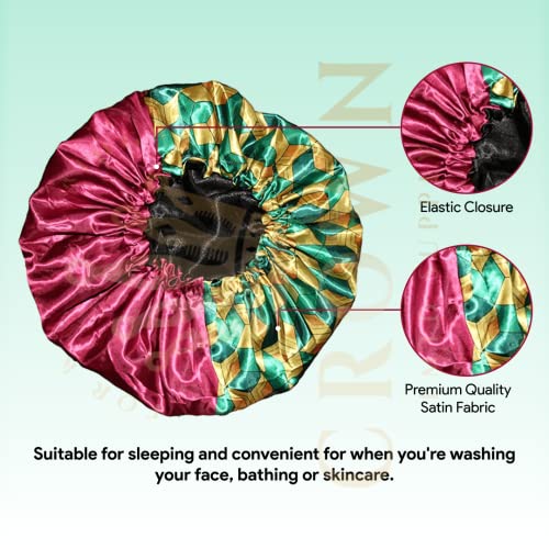 Red 2 Side Pattern Bonnet - Silky Designer Satin Bonnet with Elastic Soft Band Silk Slayer Corps (Burgundy Gold)