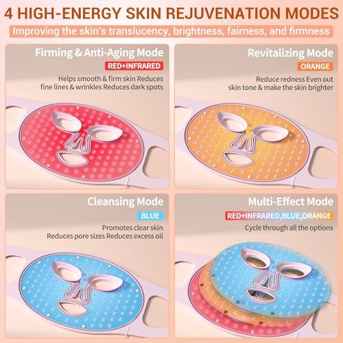 LED Face Mask Light Therapy, 4 Modes Portable Red Light Therapy for Face with 2000mAh Rechargeable Remote, Blue, Orange, 850NM Infrared & Red Light Mask, 400 LEDs for Anti-Aging, at Home