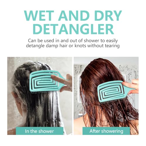 Detangling Brush, Dry and Wet Vented Detangler Hair Brush for Women and Men, Professional Paddle Curved Styling Hairbrush with 4 Randomly Coloured Hair Clips(Black, Pink or Green), Green