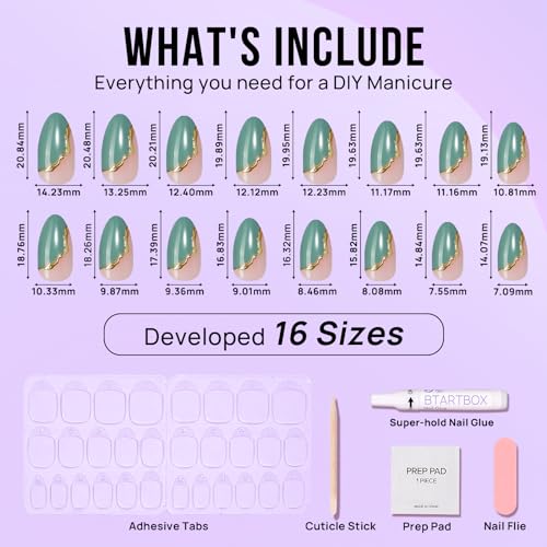BTArtbox Press On Nails Almond - Spring Green French Tip Press On Nails Short for Gift, Light Weight Nail Tips, Natural Fake Nail with Glue, Glue On Nails in 16 Sizes - 30 Nail Kit, Turquoise