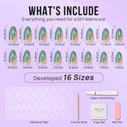 BTArtbox Press On Nails Almond - Spring Green French Tip Press On Nails Short for Gift, Light Weight Nail Tips, Natural Fake Nail with Glue, Glue On Nails in 16 Sizes - 30 Nail Kit, Turquoise