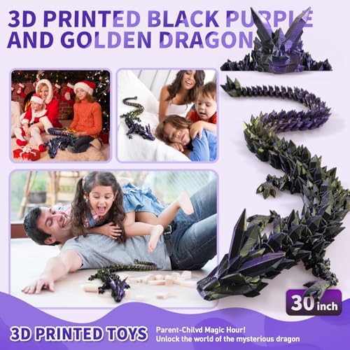 Large 3D Printed Dragon,30 Inch 3D Dragon Toys,Bigger Fidget Crystal Animals Toys, 3D Printed Articulated Animals for Home Office Car Desk Decor (Black Purple Gold, 30 inch)