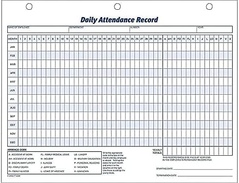 Adams Daily Attendance Record, 8.5 x 11 Inches, 3-Hole Punched, 50-Pack, White (9493)