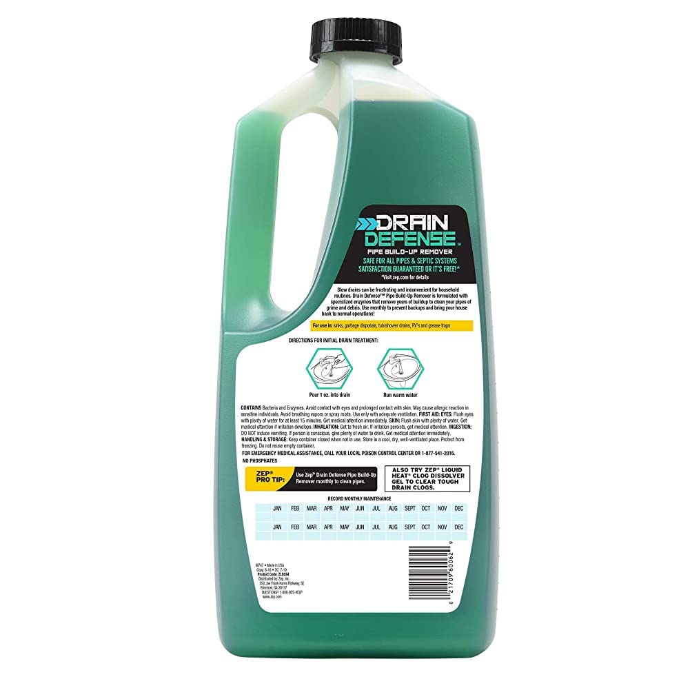 Zep Drain Defense Pipe Build-Up Remover - 64 Ounces - ZLDC648 - Professional Strength Liquid Pipe Build Up Remover,GREEN