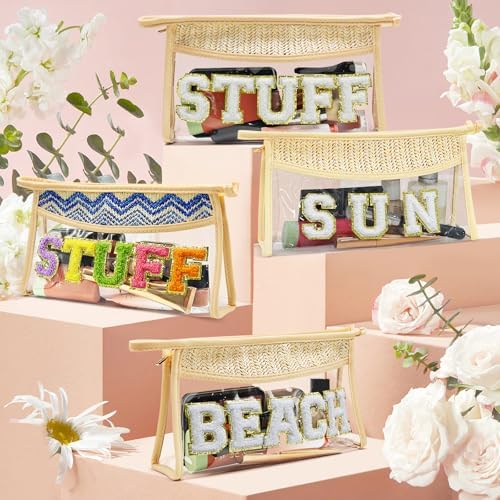 Boho Hand-woven Makeup Bag, Chenille Letter Patch Clear Travel Pouch, Rattan Straw Bag Clear Cosmetic Sunscreen Bags, Women Summer Retro Travel Beach Bag Beach Essentials (Boho_Beige-Sun)