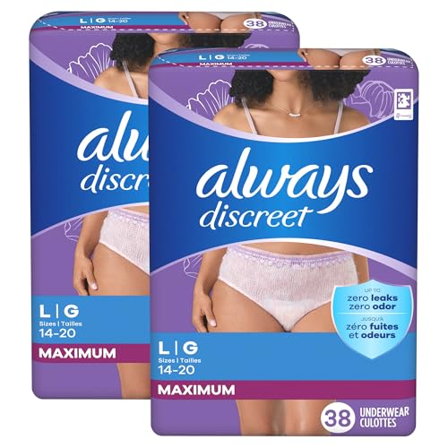 Always Discreet Adult Incontinence Underwear for Women and Postpartum Underwear, Large, Up to 100% Bladder Leak Protection, 76 Count (2 Packs of 38)