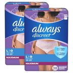 Always Discreet Adult Incontinence Underwear for Women and Postpartum Underwear, Large, Up to 100% Bladder Leak Protection, 76 Count (2 Packs of 38)