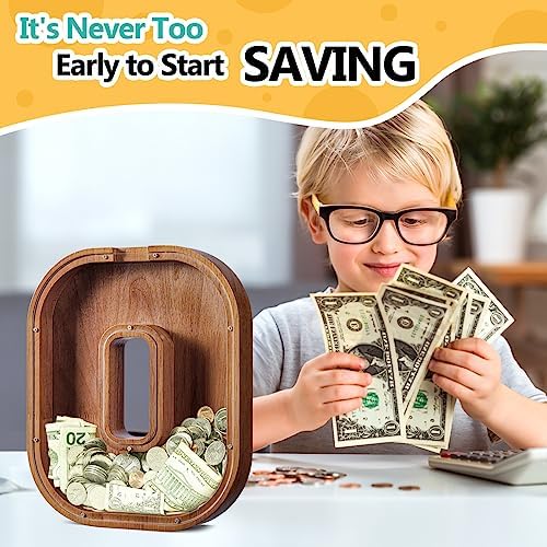 Summidate Customized Name Large Wooden Piggy Bank for Kids Boys Girls Alphabets Letter A-Z Coins Bills Money Change Bank Box Initial on Clear Cover (Laser Engraved) (Alphabet-O, Personalized-12)