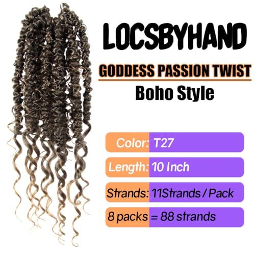 Boho Crochet Passion Twist Hair Pre looped, 10 Inch Goddess Passion Twist Crochet Hair with Curly Ends 8 Packs Ombre Honey Blonde Pre-twisted Bohemian Crochet Braids (8 PCS/88 STRANDS, T27)