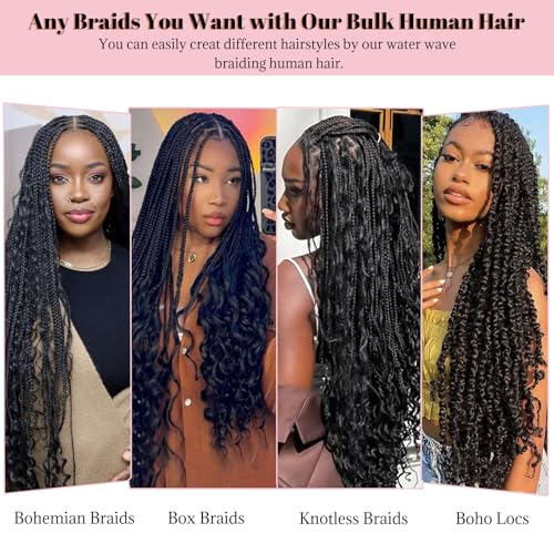 Human Braiding Hair Deep Water Wave Bulk 100g 2 Bundles 26 Inch 100% Brazilian Virgin Curly Extensions for Boho Braids Natural Black Wet and Wavy Braiding Boho Human Hair