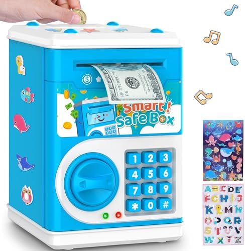 Blue Piggy Bank for Kids, Electronic Coin Money Bank, Children's Safe Money Jar Toy Age 4 7 8 9 10 11 with Password Code Lock and Auto Grab Bill Slot, Great B-Day Xmas Toy Gifts for Kids