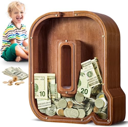 Summidate Large Wooden Piggy Bank for Kids Adults, Alphabets Letter A-Z Piggy Bank for Boys Girls, Coins Bills Change Bank Box Personalized Initial Name Kids Money Bank for Birthday Present and Decor