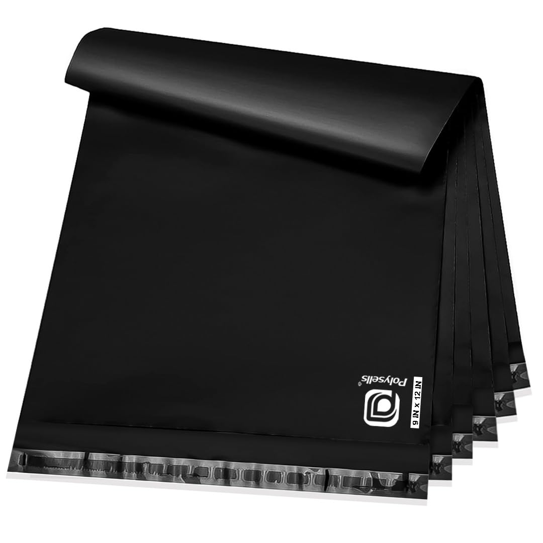 POLYSELLS 200 pcs 9x12 Inches Black Poly Mailers Shipping Envelopes, Strong Adhesive Sealing, Waterproof, and Tear-resistant Postal Mailing Bags for Small Business, Clothes, Non-Fragile Items