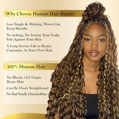 Highlighted Honey Blonde Braiding Human Hair for Boho Knotless Braids 18 Inch 100G FULL BULK, Ombre 4/27 Curly Braiding Hair Deep Wave Human Hair Bulk, No Weft Blonde & Brown Hair Extensions