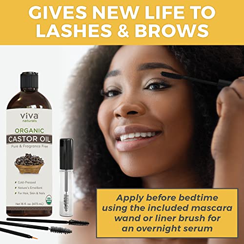 Organic Castor Oil for Eyelashes and Eyebrows - 16 fl oz, USDA Organic, Pure Hexane-Free Moisturizer Traditionally Used for Hair Growth, Natural Skin and Eyelash Serum, Cold Pressed with Beauty Kit