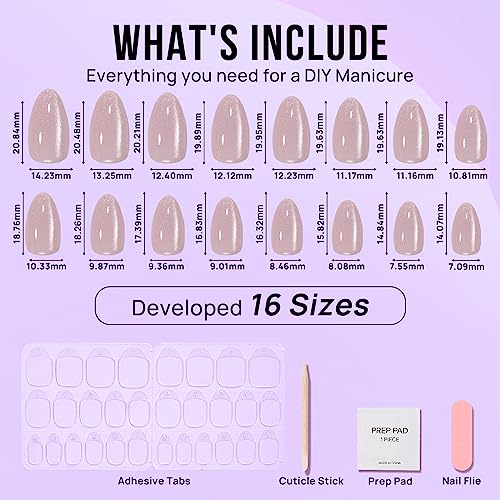 BTArtbox Press On Nails Almond - Soft Gel Fake Nail with Nail Glue, Reusable Opaque Short Stick On Nails in 16 Sizes Nail Kit for Gift Idea, Aurora Cat Eye