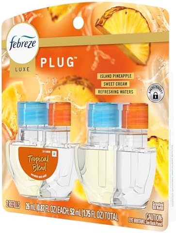 Febreze Plug In Air Freshener, Odor-Fighting Scented Oil Refill, Tropical Blend Scent, 2 Refill