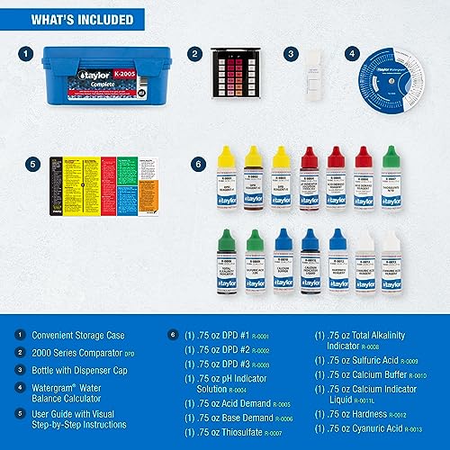 Taylor K2005 High Range Swimming Pool Total and Free Chlorine Bromine Alkalinity Calcium Hardness Base and Acid Demand pH DP Test Kit