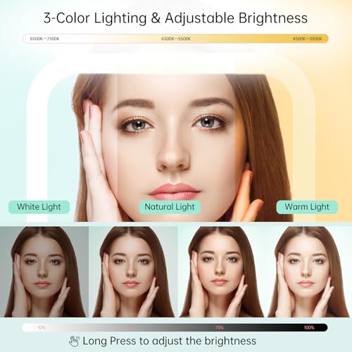 FASCINATE 10X Magnification Rechargeable Travel Makeup Mirror, Lighted Portable Vanity Mirror with 3 Colors Lighting & Stepless Dimming, Double Sided LED Mirror, Gift for Women (White+Bag)