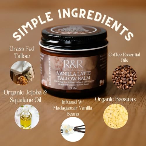 R&R Collective Whipped Tallow Balm (Vanilla Latte) - 100% Grass Fed Beef Tallow for Skin Care- 100% Natural Handmade Whipped Coffee & Vanilla Tallow Balm for Sensitive Skin- 2 FL. oz.