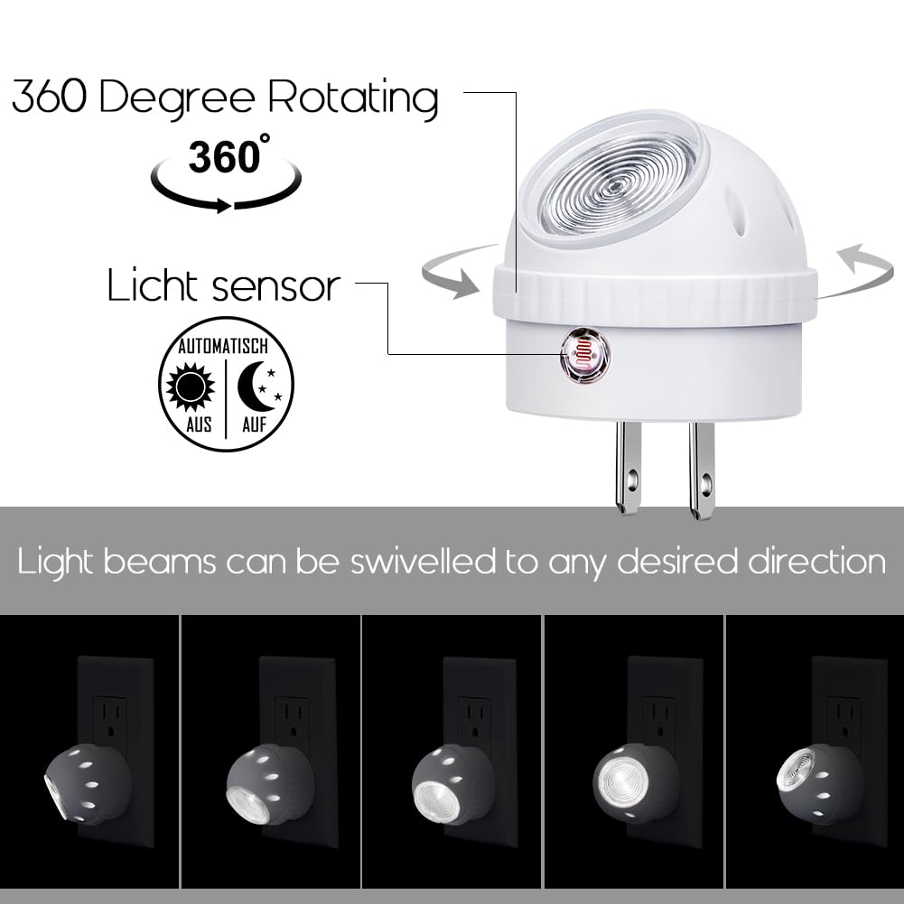 Emotionlite Plug-in Night Lights, Neutral White LED Nightlight, 360° Rotation, Dusk to Dawn Sensor, Kids, Adult, Bedroom, Hallway, Bathroom,Kitchen, Stairways, Corridor, 6 Pack