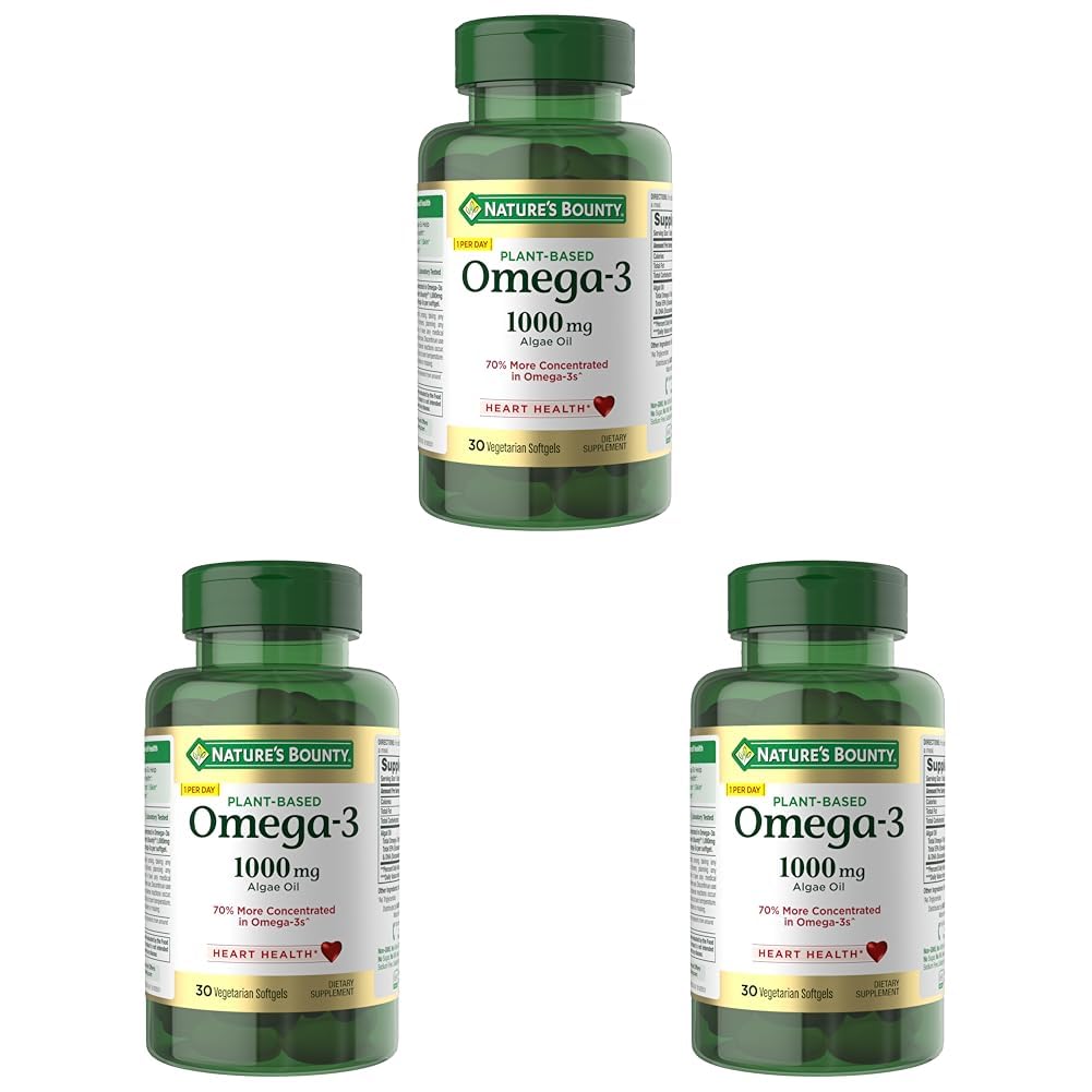 Nature's Bounty Omega 3,Plant-Based Omega 3 Fatty Acid Supplement,520mg,Supports Whole Body Health Including Heart,Skin,Joint,30 Vegetarian Softgels,Fish Oil Alternative,(Pack of 3)