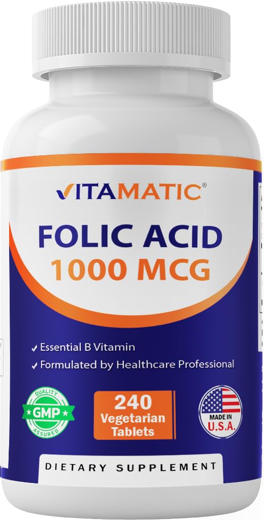 Vitamatic Folic Acid 1000 mcg (1 mg) - Vegetarian Tablets - 1667 mcg DFE - Vitamin B9 (240 Count (Pack of 3))