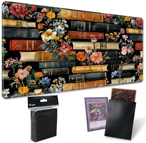 Playmats for Magic: The Gathering MTG Card Game Mat Plus 50 Pcs Card Sleeves, 24 x 14 inch TCG Mat with Stitched Edge for Commander Deck Duskmourn Board Game, Books and Flowers