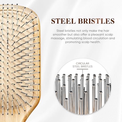 BFWood Bamboo Hair Brush with Steel Bristles, Help Hair Growth and Massaging Scalp