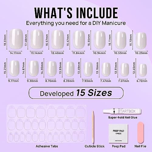 BTArtbox Press On Nails Short - White Soft Gel Press On Nails, Square Chrome Nail Tips Glue On Nails, Reusable Stick On Nails in 15 Sizes - 30 Soft Gel Fake Nails Kit, Vanilla Glazed