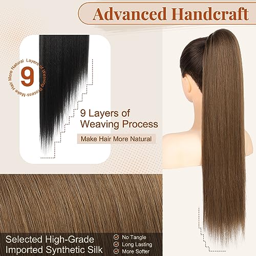 FLUFYMOOZ ponytail extension, 26 Inch Long Straight Drawstring Ponytail Synthetic Hairpieces Fake Pony Tails Natural Soft Clip in Hair Extension ponytail for Women (Medium Brown with Medium Auburn)