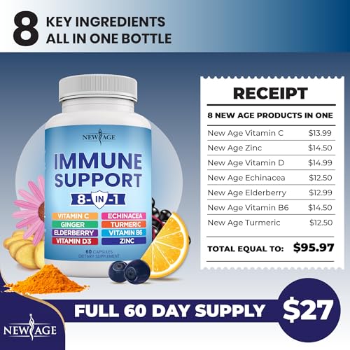 NEW AGE 8 in 1 Immune Support Booster Supplement with Echinacea, Vitamin C and Zinc 50mg, Vitamin D 5000 IU, Turmeric Curcumin & Ginger, B6, Elderberry 60 Count (Pack of 1)