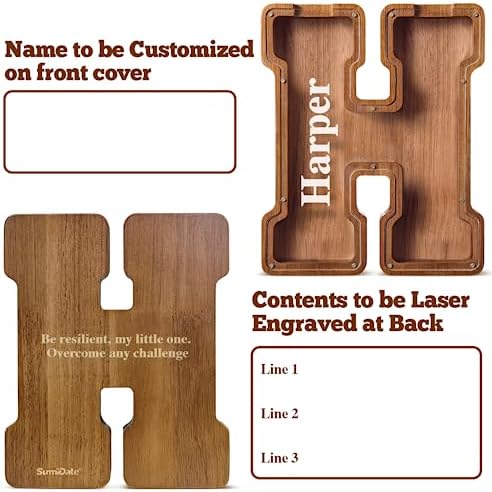 Summidate Customized Name Extra Large Wooden Piggy Bank for Kids Boys Girls Letter A-Z Coins Bills Money Change Bank Box Clear Cover (Laser Engraved) Educational Toys 12"- Letter H