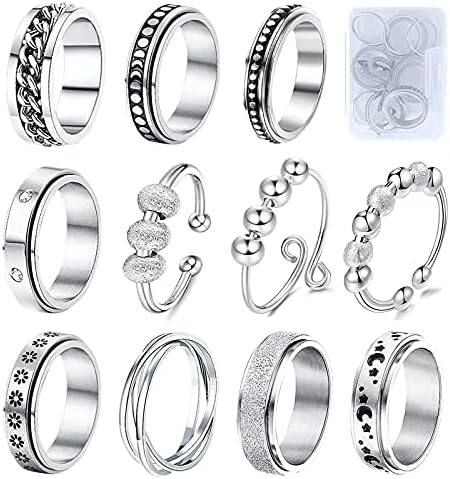 MUCAL Fidget Rings for Anxiety 8pcs Stainless Steel Spinner Ring Anti Anxiety Ring Spinning Moon Star Cool Stress Relieveing Rings for Women Men