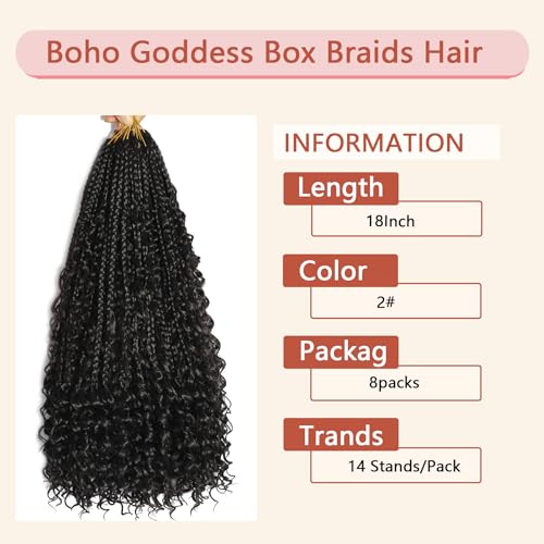 Goddess Box Braids Crochet Hair for Black Women 18 Inch 8 Packs Boho Crochet Braids with Curly Ends Pre Looped Bohemian Knotless Short Crochet Boho Braids Mermaid Box Braids Crochet Hair(18 Inch 2#)