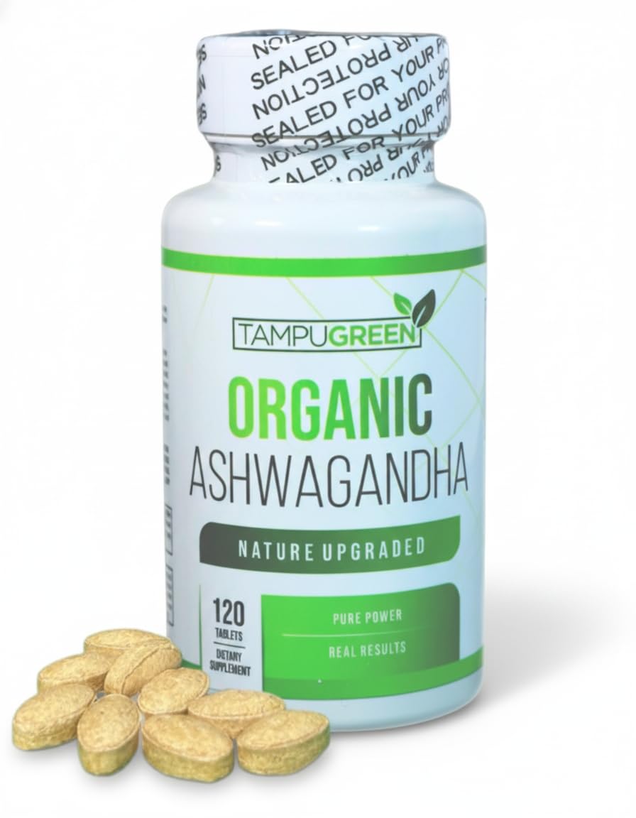 TAMPUGREEN Organic Ashwagandha 675 mg Root Extract with Black Pepper Stress, Mood & Balance Support Non-GMO Made in USA 120 Caplets