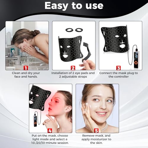 Red Light Therapy for Face, LED Face Mask Light Therapy, Red Light Therapy Mask for Wrinkles, Acne, Skin Rejuvenation, 300 LEDs, 3 Modes, 10-Min Auto Off, Eye Protection Included