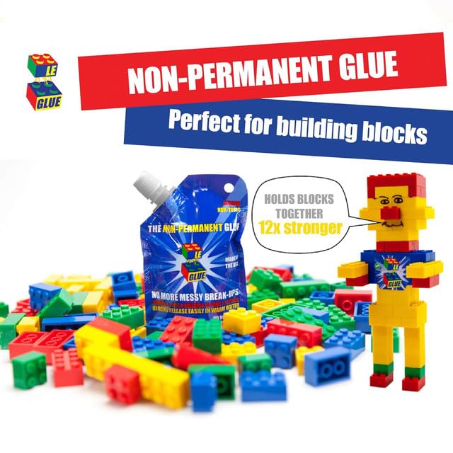 Le Glue Temporary Glue - Compatible with Legos - Non-Permanent Clear Adhesive for Plastic Building Blocks - No Messy Break-Ups - Non-Toxic Formula - Created for Kids, by a Kid