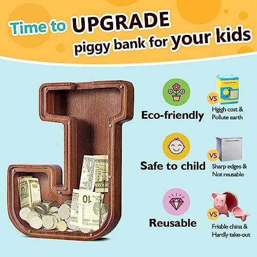 Customized Name Large Wooden Piggy Bank for Kids Boys Girls Alphabets Letter A-Z Coins Bills Money Change Bank Box Initial on Clear Cover (Laser Engraved) (Alphabet-J, Personalized-12)