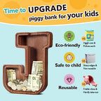 Customized Name Large Wooden Piggy Bank for Kids Boys Girls Alphabets Letter A-Z Coins Bills Money Change Bank Box Initial on Clear Cover (Laser Engraved) (Alphabet-J, Personalized-12)